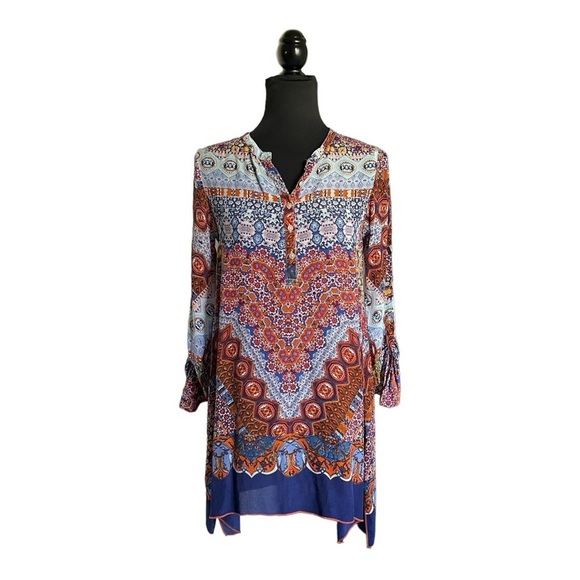 Soft Surroundings Geneva Tunic Top Boho Mosaic Print Blue Orange Sharkbite Hem - Picture 2 of 11